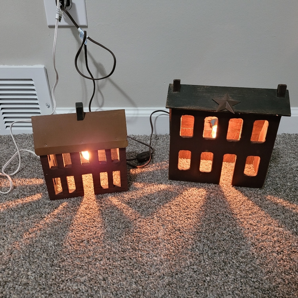 2 Primitive Wood Houses- One Large Saltbox House And Smaller Tin Roof House